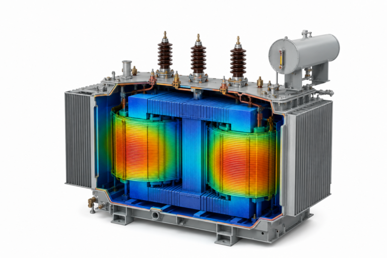 Power transformer cutaway showing laminated core, concentric windings and thermal temperature distribution
