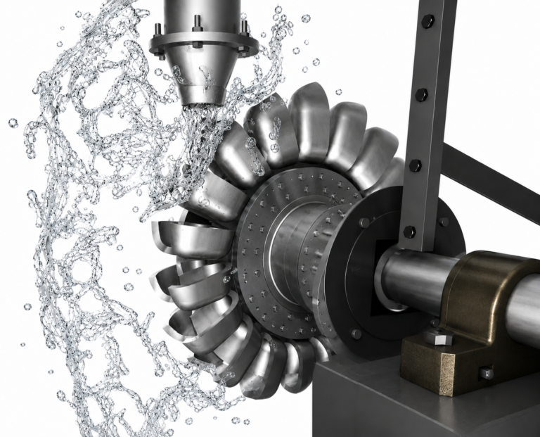 Machined stainless steel Pelton turbine runner with a water jet striking the bucket splitter, illustrating Pelton turbine mechanical design and hydraulic energy conversion.
