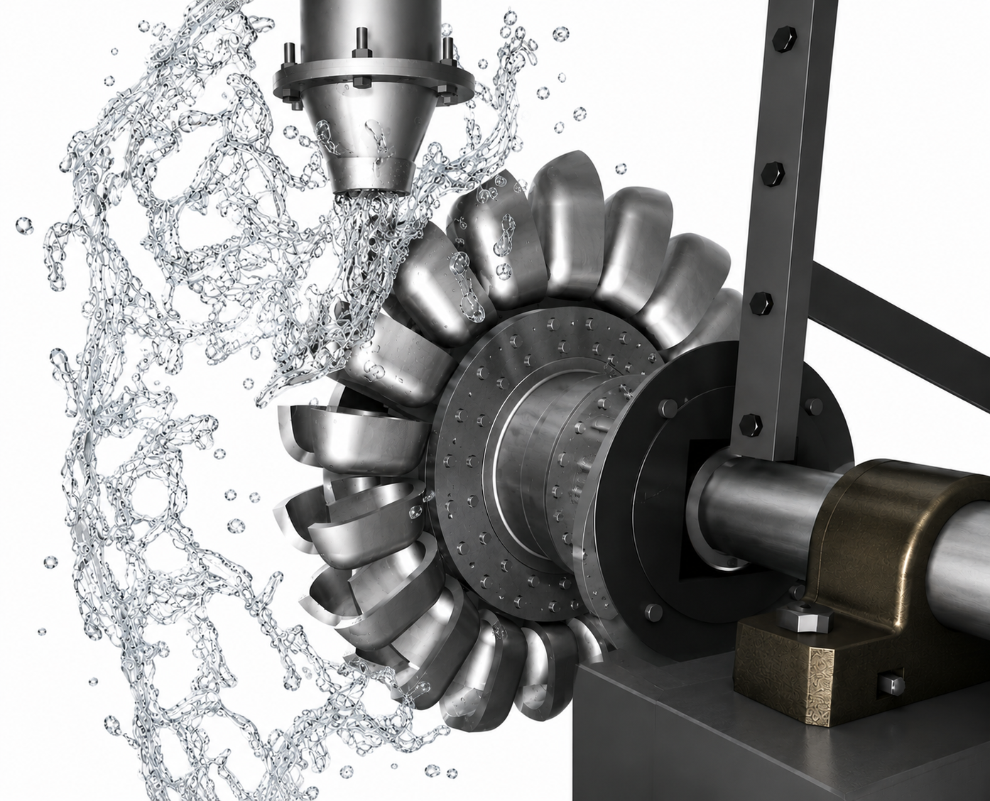 Machined stainless steel Pelton turbine runner with a water jet striking the bucket splitter, illustrating Pelton turbine mechanical design and hydraulic energy conversion.