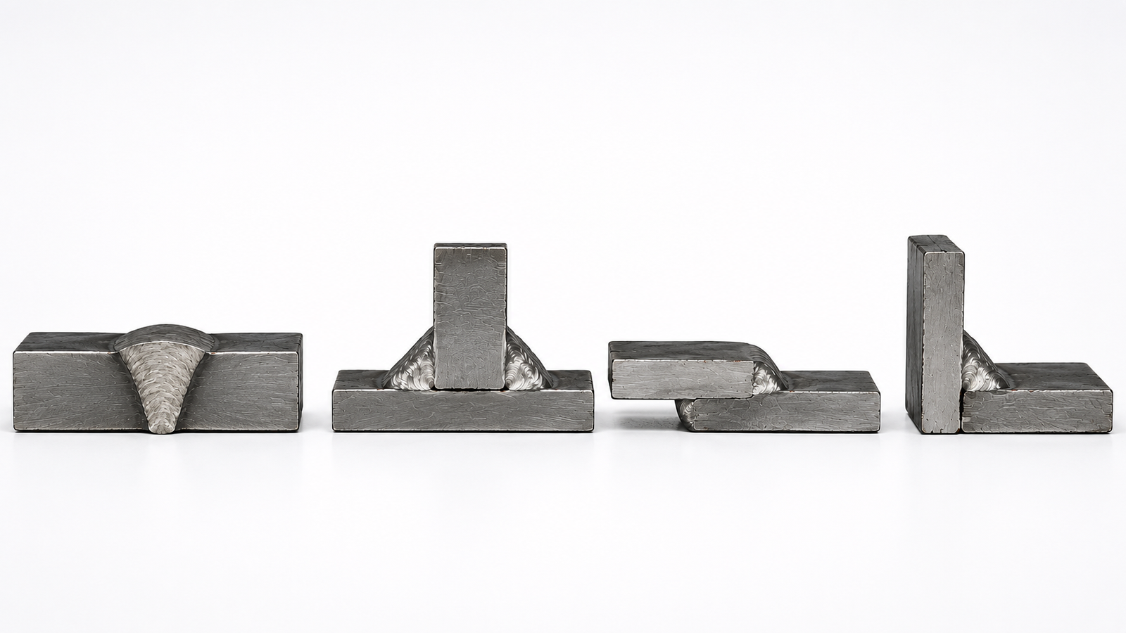 Cut and polished steel weld joint cross sections showing butt joint, tee joint, lap joint and corner joint used to explain common weld joint types in structural engineering.
