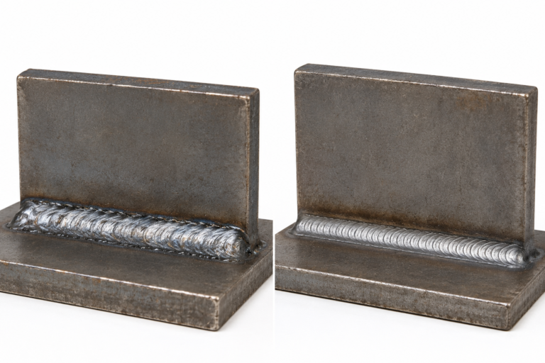 Steel welded T joint with a fillet weld bead showing the weld toe and ripple pattern, illustrating welding failure analysis and weld quality inspection.