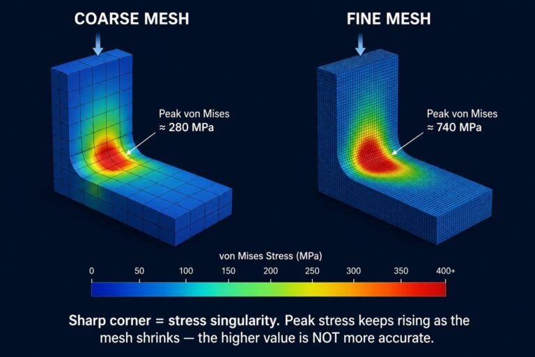 Coarse and fine FEA mesh comparison showing increasing peak von Mises stress at a stress singularity