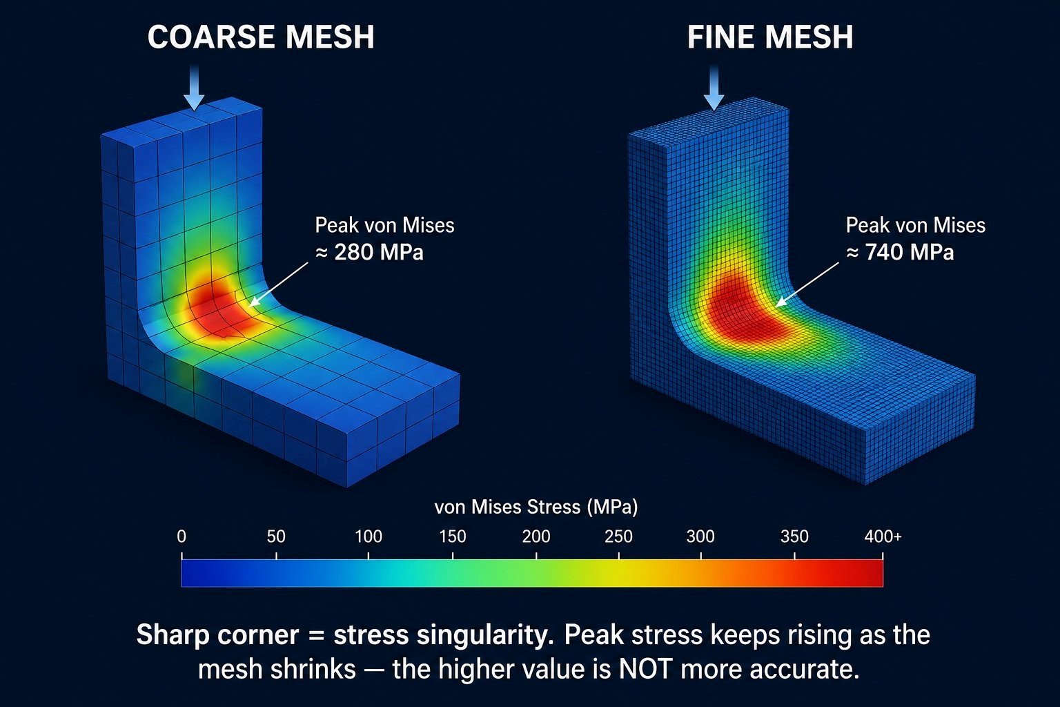 Coarse and fine FEA mesh comparison showing increasing peak von Mises stress at a stress singularity
