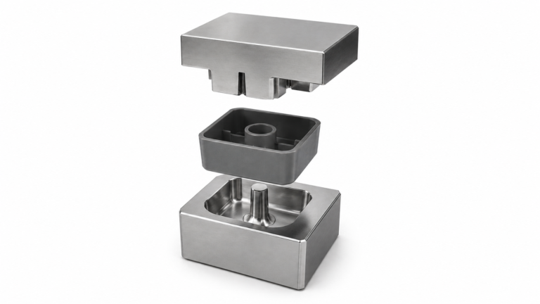 Injection molding design showing a molded plastic housing with runner, gate and sprue beside a steel mold cavity