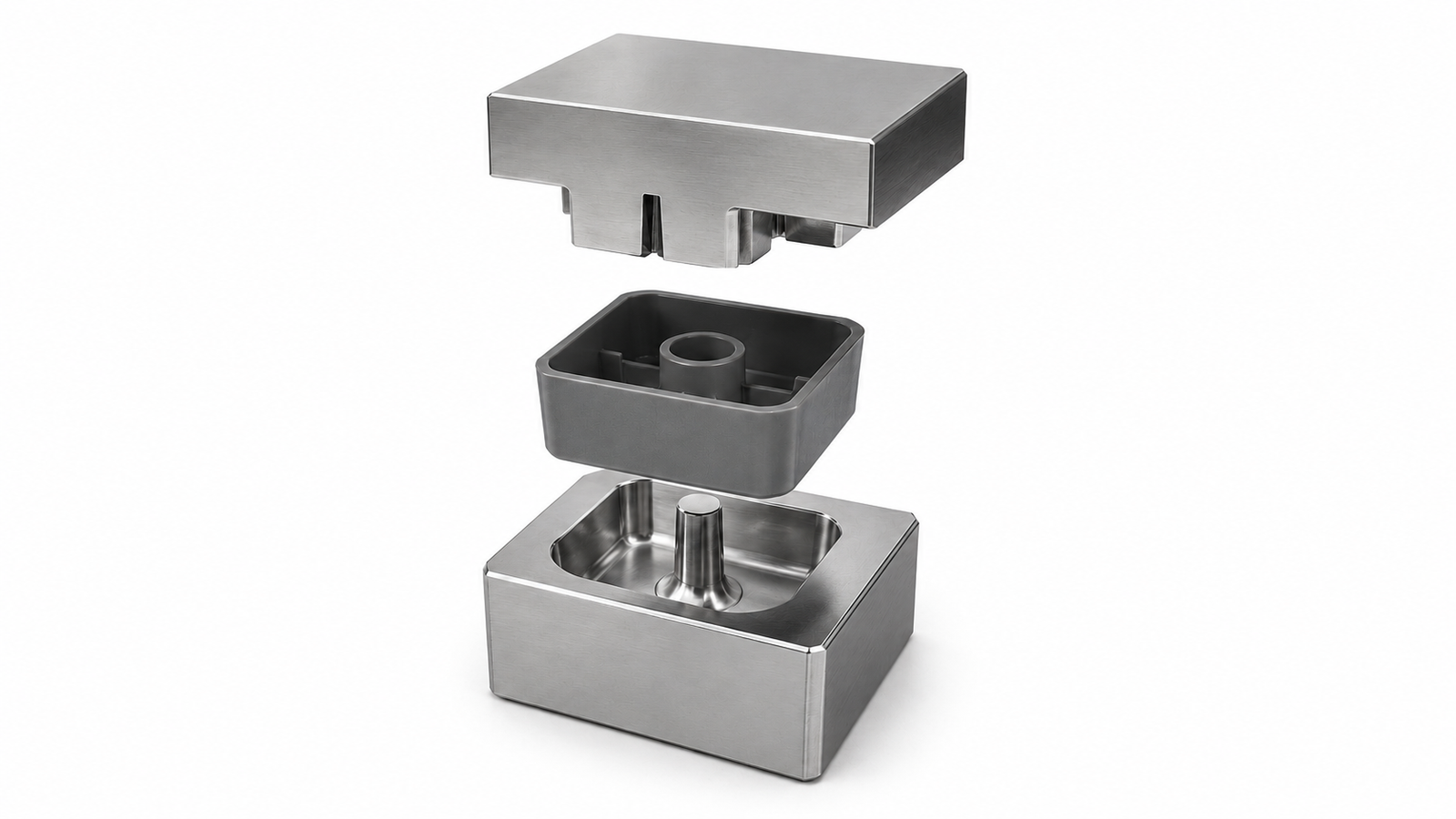Injection molding design showing a molded plastic housing with runner, gate and sprue beside a steel mold cavity