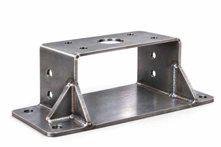 Sheet metal weldment design showing a bent and welded steel bracket with brake bends, gussets, mounting holes and fillet welds