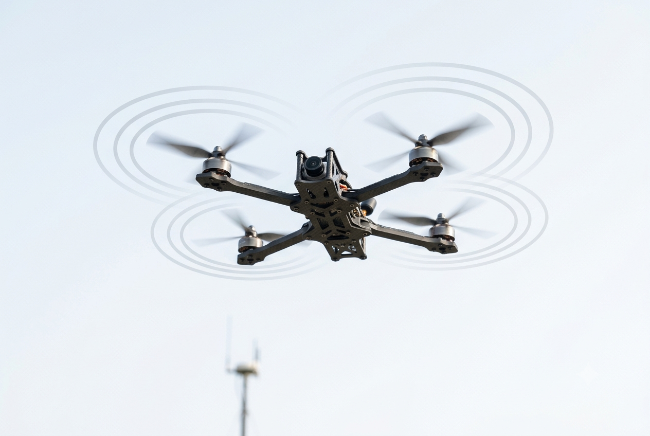Modern counter-drone detection tower with radar panel, EO IR camera gimbal, and acoustic microphone array.